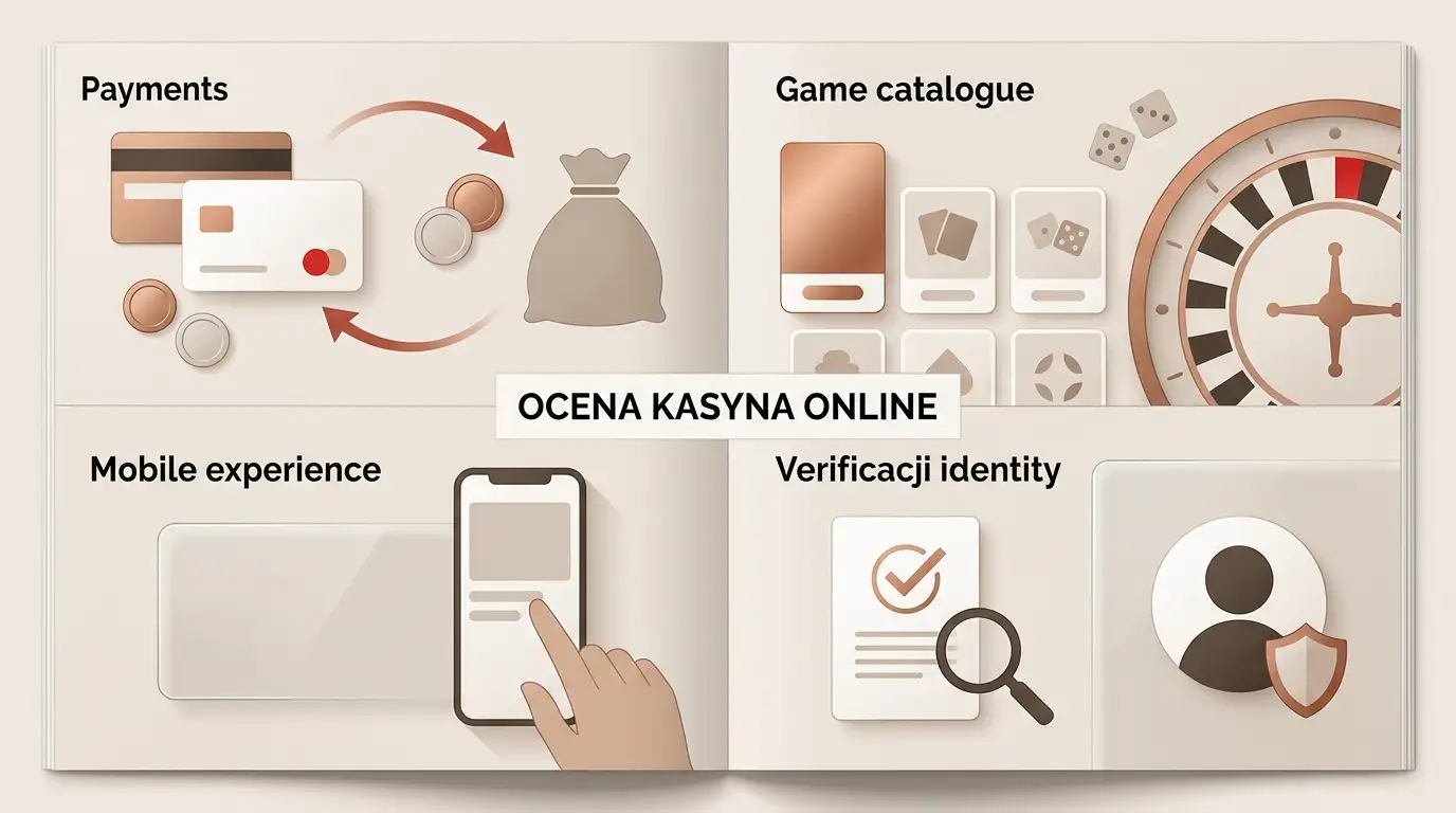 Ilustracja czterech obszarów oceny kasyna: płatności, gry, wersja mobilna i weryfikacja