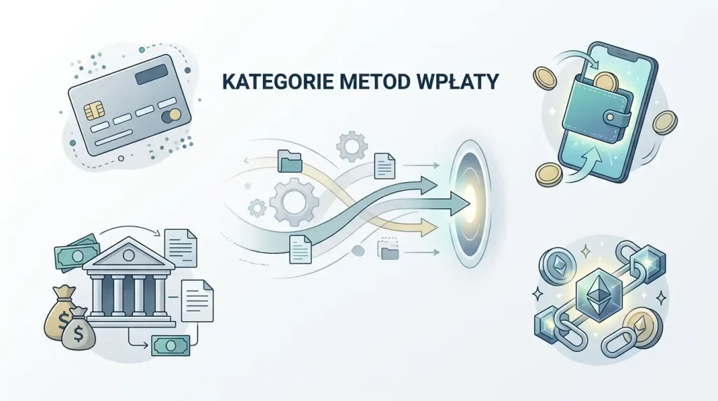 Neutralna ilustracja kategorii wpłat do Cat Casino obejmująca kartę, bank, e-portfel i kryptowalutę
