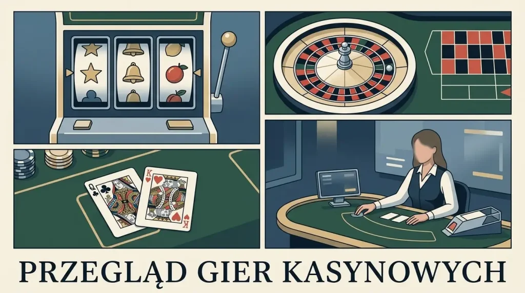 Neutralna mozaika kategorii gier kasynowych: automaty, ruletka, blackjack i stół live
