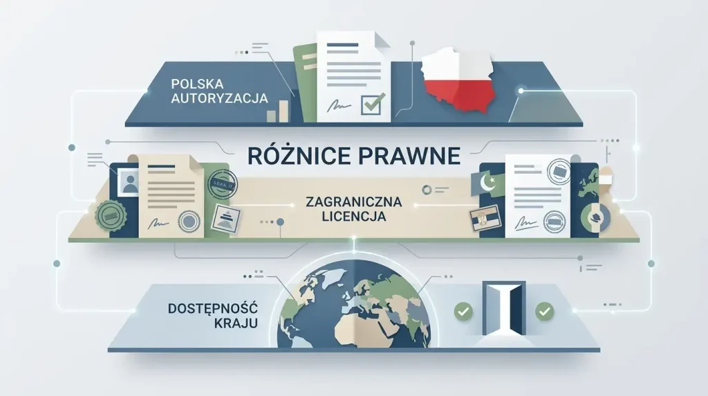 Neutralny diagram pokazujący polską autoryzację, zagraniczną licencję i dostępność kraju jako trzy odrębne poziomy