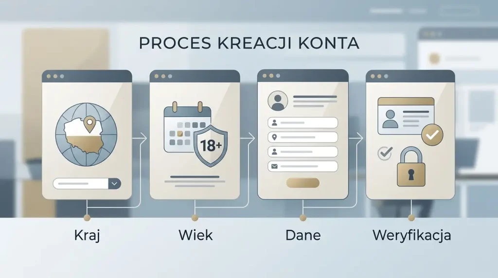 Neutralny schemat procesu konta od sprawdzenia kraju przez wiek i dane do weryfikacji