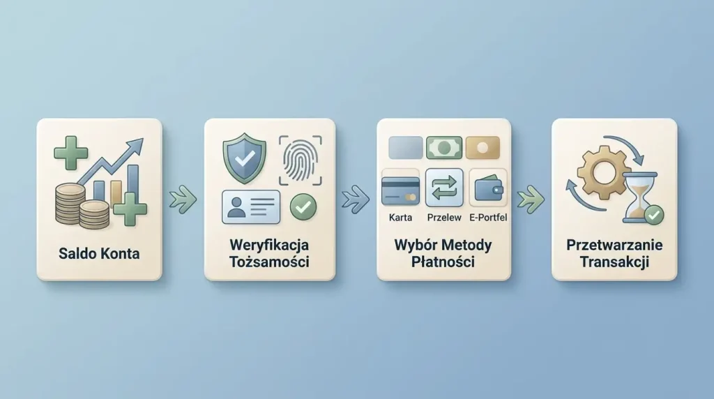 Schemat procesu wypłaty w Cat Casino od salda przez KYC do wyboru metody i przetwarzania