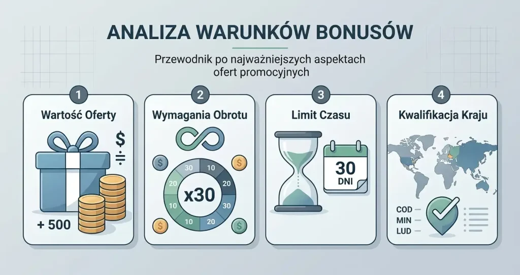 Schemat warunków bonusu Cat Casino obejmujący kwotę, obrót, czas i kwalifikację kraju