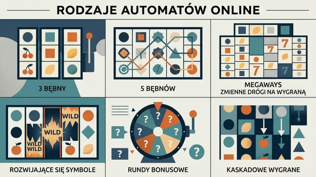 Stylizowana siatka różnych kategorii automatów bez prawdziwych tytułów i logotypów